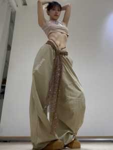 American Retro Jazz Dance Sport Pants Women Summer Lazy Kpop Dance Quick Dry Pants Shiny Belt Design Paratrooper Pants