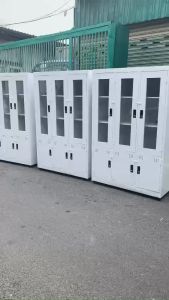 Tủ hồ sơ kính 3 cánh đựng tài liệu cho văn phòng màu xám ghi tủ sắt sơn tĩnh điện đẹp sang trọng giá xưởng hcm