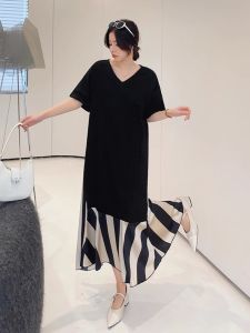 Fancy Black Long Patchwork Dress 150.00kg Summer plus Size Womens Clothes Plus Size Ladies Slimming V-Neckline T-shirt Skirt