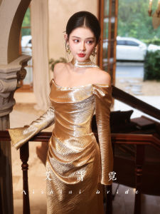 AISHINI | Bridal Elegant Golden Off-Shoulder Banquet Dress