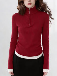 QINGNAER | Slim Fitting High Collar Knit Top