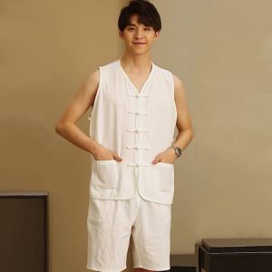 Mens Chinese Style Cotton Linen Vest Set Tang Costume Old Beijing Sweatshirt Retro Style Cotton Linen Jacket round Hem V Neck