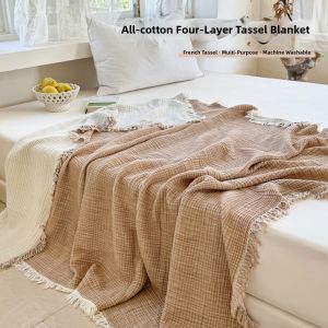 NAIYOUCHENG | 100 Cotton 4-layer Lace Fringe Air Conditioning Blanket