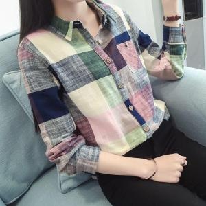 Retro Plaid Shirt Womens Long Sleeve Polo Collar Loose Fit Spring 2024 Korean Style Versatile Top Open Cardigan Style