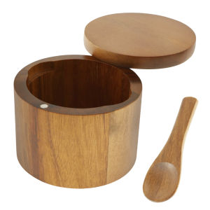 1 or 2 Compartments Acacia Wood Salt Bowl with Built in Spoon and Magnetic Swivel Lid Round Salt Cellar Kitchen Salt Holder