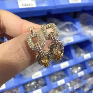 Huitan Chain Design Gold Color Women Hoop Earrings Colorful Sparkling CZ Party Luxury Wedding Accessories Delicate Jewelry Gift