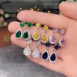 Huitan Luxury Water Drop CZ Dangle Earrings Women White/Blue/Green/Pink/Yellow Simple Elegant Earrings Wedding Trendy Jewelry