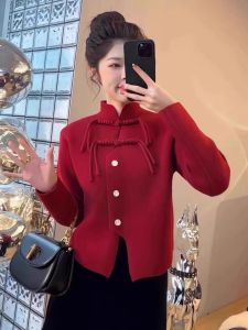 Retro Red Chinese Style Coat New Year Womens Fashion Sweater Stand Collar Open Cardigan Long Sleeve Sweet Style Knitted Top
