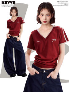 KBVVR | Dopamine Red V-Neck Lace T-Shirt Womens Cotton Slim Fit Spliced Short Sleeve Summer Tee