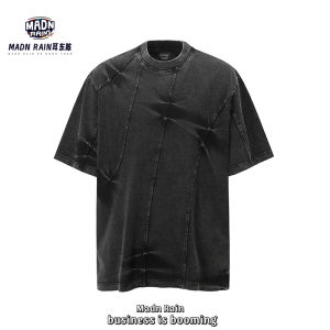 Madn Rain เสื้อยืดแขนสั้นผู้ชายสไตล์อเมริกัน ทรงหลวม ดีไซน์ไม่สมมาตร ซักได้ คอตตอน ฤดูร้อน 2025