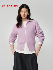 EP YAYING | Wool Cashmere Knit Cardigan Long Sleeves Dual Zipper Notched Collar