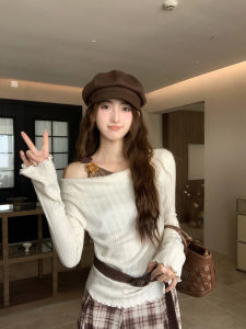 Áo Thun Tay Dài Hở Vai Ren Phong Cách Hàn Quốc Cho Nữ Mùa Thu Áo Ngắn Ôm Vừa Vặn Dáng Ôm Giảm Béo Phong Cách Ngọt Ngào Cay Nồng