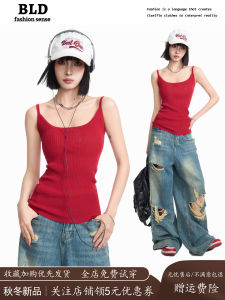 Áo Ba Lỗ Không Tay Màu Đỏ Phong Cách Mỹ Dành Cho Nữ Áo Sơ Mi Cơ Bản Mùa Xuân Thu Áo Ba Lỗ Không Tay Nhiều Chất Lượng Cao Cấp