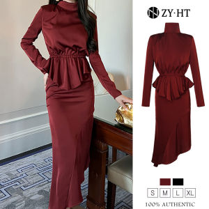ชุดเซ็ท 2 ชิ้น คุณภาพเซ็กซี่ ผญว่าง เสื้อแขนยาว+กระโปรง เดรสสีแดง สีดำ เดรสซาติน เดรสผู้หญิง, เดรสทำงาน, ผู้นำ 6182