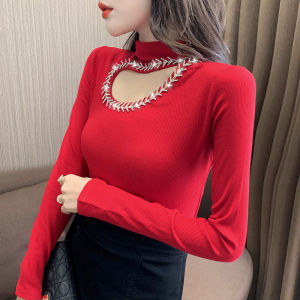 Yimei 2023 áo mùa đông thời trang mới chạm khoét kim cương tay áo dài dày nửa cổ cao áo lót Áo thun nữ năm mới Trung Quốc