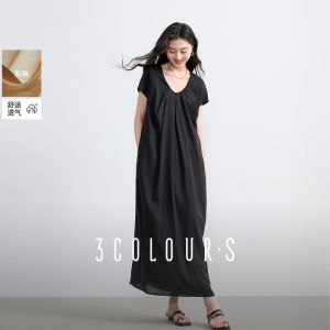 Loose A-Line Dress Summer New Three-Color Raseel Long Sleeve U-Neck Cover-Up Dress Elegant Lady Commute Style Gathered Waist