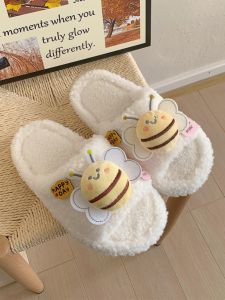 Cozy Lamb Fur Slippers Womens Casual Home Slippers Cute Bee Design One-Strap Cotton Slippers Korean Style Home Shoes