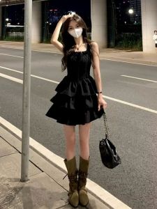 French Style Black Strapless Puffy Short Skirt Womens Summer High Waist A-Line Dress Sweet Princess Style Button Detail