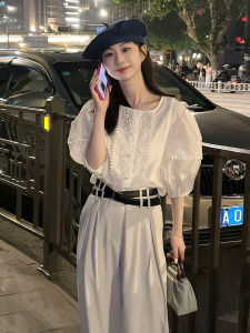Dongda Gate Summer Womens Shirt round Neck Embroidery Design Sense Bubble Sleeve Top Fashion Able to Commute Slim Fit Style
