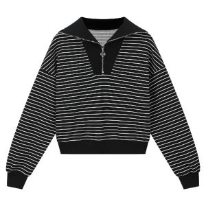 Vimly | Áo Hoodie Tay Ngắn Zip Trước Đen Trắng Sọc cho Nữ