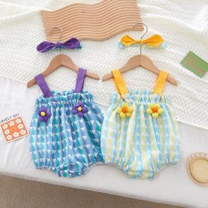 BCBL ชุดเสื้อผ้าเด็กสำหรับเด็กผู้หญิงชุดบอดี้สูทชุดจั๊มสูทฤดูร้อนลายสก๊อตดอกไม้สีเหลือง0 3 6เดือน2ชิ้นร็อมเปอร์กับแถบคาดศีรษะ