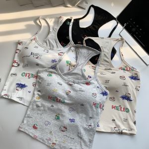 เสื้อกล้ามแขนกุดพิมพ์ลายสาวอเมริกันสำหรับผู้หญิง ฤดูร้อน พร้อมแผ่นเสริมหน้าอก ดีไซน์หลังสวยงาม เสื้อคลุมบางเฉียบ ทรงสลิมฟิต เสื้อชั้นใน