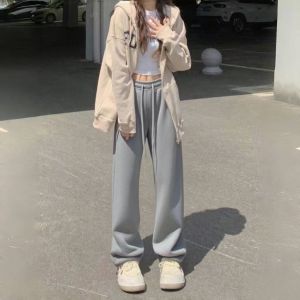 White Cotton American Style Womens Sports Pants High Waist Loose Straight Leg Casual Wide Leg Sweatpants Comfortable Fit