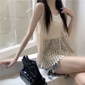 เสื้อคลุมแขนกุดถักสไตล์โบฮีเมียนสำหรับผู้หญิงในฤดูร้อน เสื้อคลุมแบบไม่มีแขน ลายลูกไม้ ทรงหลวม แขนกุด เสื้อคลุมแบบลำลอง