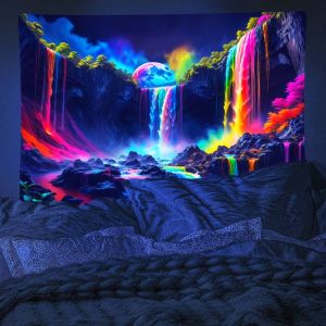 VIKAMA Neon Rainbow Waterfall Illusion Full Moon Forest Illusion Tapestry Wall Art for Bedroom Living Room Decoration Esports