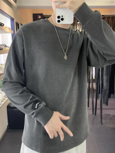 เสื้อยืดผู้ชายแขนยาวทรงหลวมสไตล์ฤดูหนาวแบบสองด้าน เสื้อชั้นในแบบหนาและอบอุ่น ทรงเข้ารูป คอกลม สีพื้น แฟชั่นเสื้อผ้าทำงาน