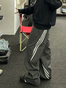 Retro American High Street Striped Grey Sports Sweatpants Womens Wide Leg Spring Autumn Winter Fleece Lined Loose Casual Straight Leg Trousers