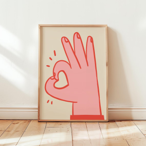Minimalist Pink OK Hand with Heart Wall Decor Print - Cute Trendy Line Art of a Pink Hand Making an "OK" Gesture with a Heart