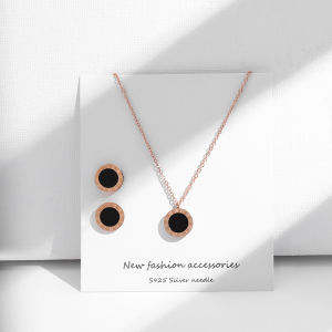 BESFOME Black Round Titanium Necklace Classic Golden Layer Double-sided Pendant Necklace Earring Jewelry Set 18k With Roman Number For Women