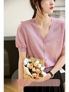 Womens Short Sleeve Knitted Top Acetate Lyocell Silk Summer T-Shirt Low round Neck Single Button Korean Style Regular Fit ZYN663335MG