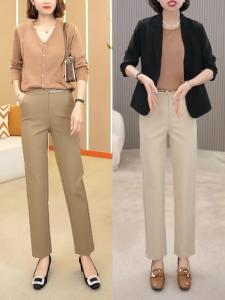 กางเกงขายาวทรงตรงเอวสูงสำหรับคุณแม่ ทรงสลิมฟิต กางเกงขายาวทรงขากระบอก ทรงลำลอง ความยาว 9 ฟุต ผ้าฝ้ายผสม