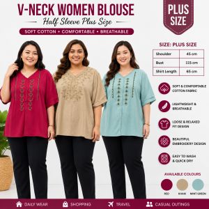 WOMEN BLOUSE V-NECK HALF SLEEVE PLUS SIZE PEREMPUAN LADY COTTON