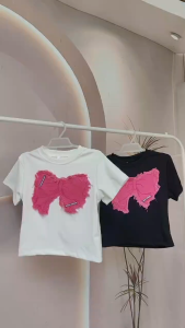 Girls Frayed Ribbon Patch Blouse Top Korean Style Ribbed Coquette T-shirt for 5-12 Years Old Kids Girls