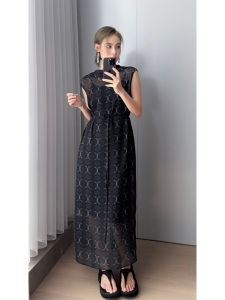 MeiYang Miss Pol Dress Chiffon Print Sleeveless Cover up Two Piece Set Summer Straight Cut Long Skirt H-Line Pattern