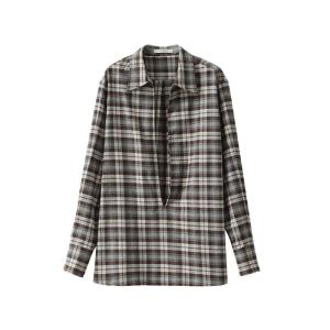 POPCHRIO | Áo Blouse cổ V sâu Vintage họa tiết caro 100% Cotton tay dài cho nữ