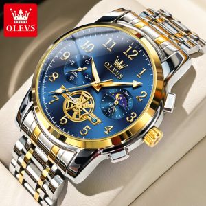 OLEVS jam tangan pria dewasa 2024 terbaru anti air asli bisnis fashion kronograf multifungsi mewah baja tahan karat turbillon bercahaya