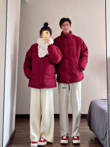New Year Thickened Winter Jacket Couple Matching Red Warm Cotton Clothes Bread Style Coat for Youth Travel And Leisure