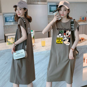 Elegant plus Size Cotton Blend Sleeveless Long Dress Cover Belly Midi Skirt Korean Style round Neck Batwing Sleeve Print Dress