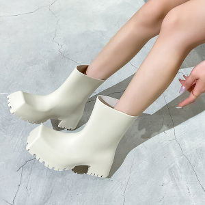 Paris Square Head Nữ Giày Đi Mưa Thời Trang Sành Điệu Đáy Dày Chống Trượt Ngoài Trời Chống Mài Mòn Ấm Áp Giày Bốt Mới 2023