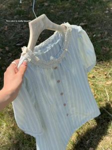 WANGGONGZHU | French Design Romantic Patchwork Stripe Shirt Women Summer New Fashion Short Sleeve Top Lace Trim Bubble Sleeve Loose Fit