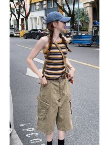 YUEZHONGWEI | Striped Ice Silk Knit Tank Top Women Summer Outdoor Wear Slim Fit Short Sleeve