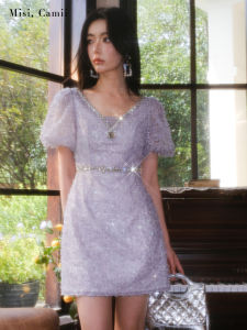 Misi.Camii 2024 New Fashion Mesh Bead Net Bubble Sleeve Dress High Waist Short Skirt V Neck Solid Color Womens Dress