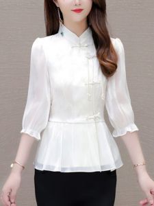 Elegant Chinese Style Chiffon Shirt Womens Spring Summer New Retro Button up Slimming Waist Skirt Design Top Korean Style