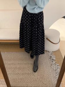 Korean Style Retro Heart Polka Dot Elastic Waist Skirt Fall and Winter High Waist Slim Looking Thick Mid-Length A- Line Umbrella Skirt