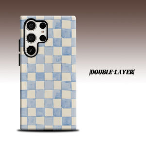 Water Blue Check Tile For Samsung Galaxy S26 S25 S24 A56 A36 Dual Layer Luxury Fashion Full Lens Protective Case