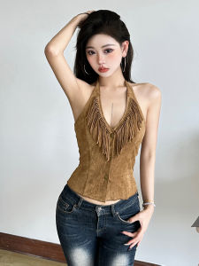 Áo Ba Lỗ Cổ Chữ V Hở Lưng Ôm Vừa Vặn Cho Nữ Mùa Hè 2025 Áo Ba Lỗ Tua Rua Cổ Treo Màu Trơn Thường Ngày